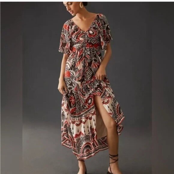 Anthropologie Dresses & Skirts - Anthropologie Tiered Maxi Brown and Red Patterned Maxi Dress Size Small NWT